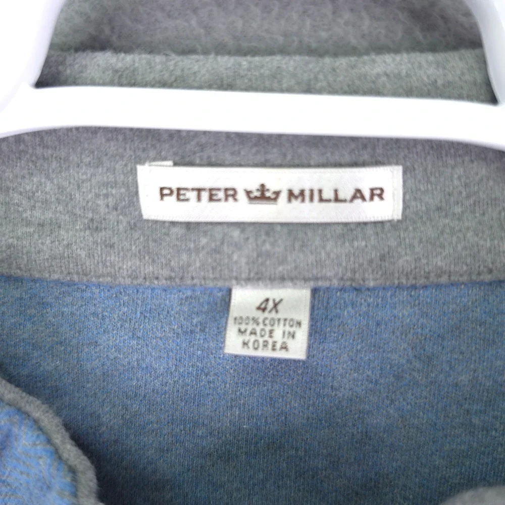 Peter Millar Quarter Zip Pullover Sweater Blue Herringbone 4X Cotton